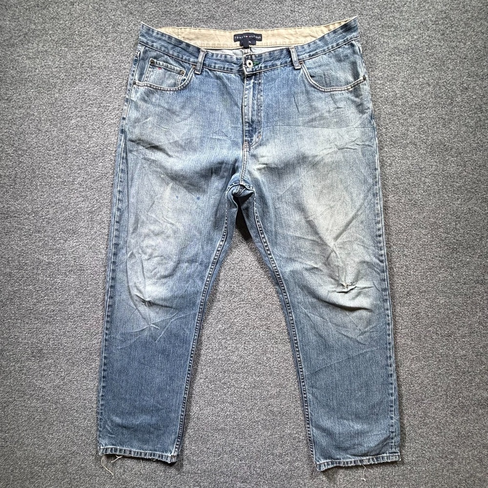 Tommy Hilfiger Straight Jeans Mens 40x32 Blue Cotton Denim Faded Travel Workwear
